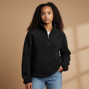 J.Crew Black Sherpa Fleece Quarter Zip Pullover XS Cozy Teddy Zip Up Jacket